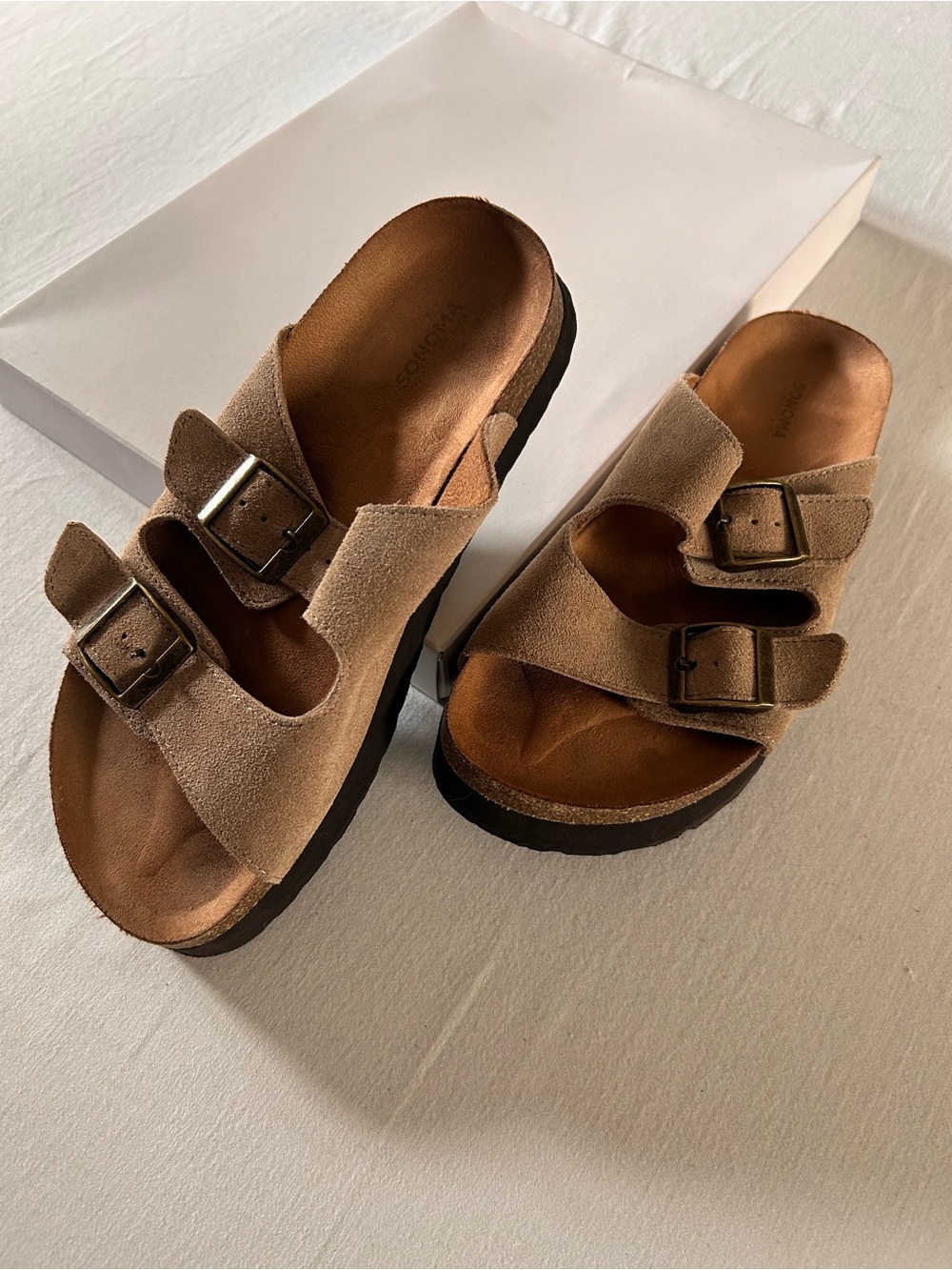 Sonoma Taupe Suede Double Buckle Footbed Slide Sandals